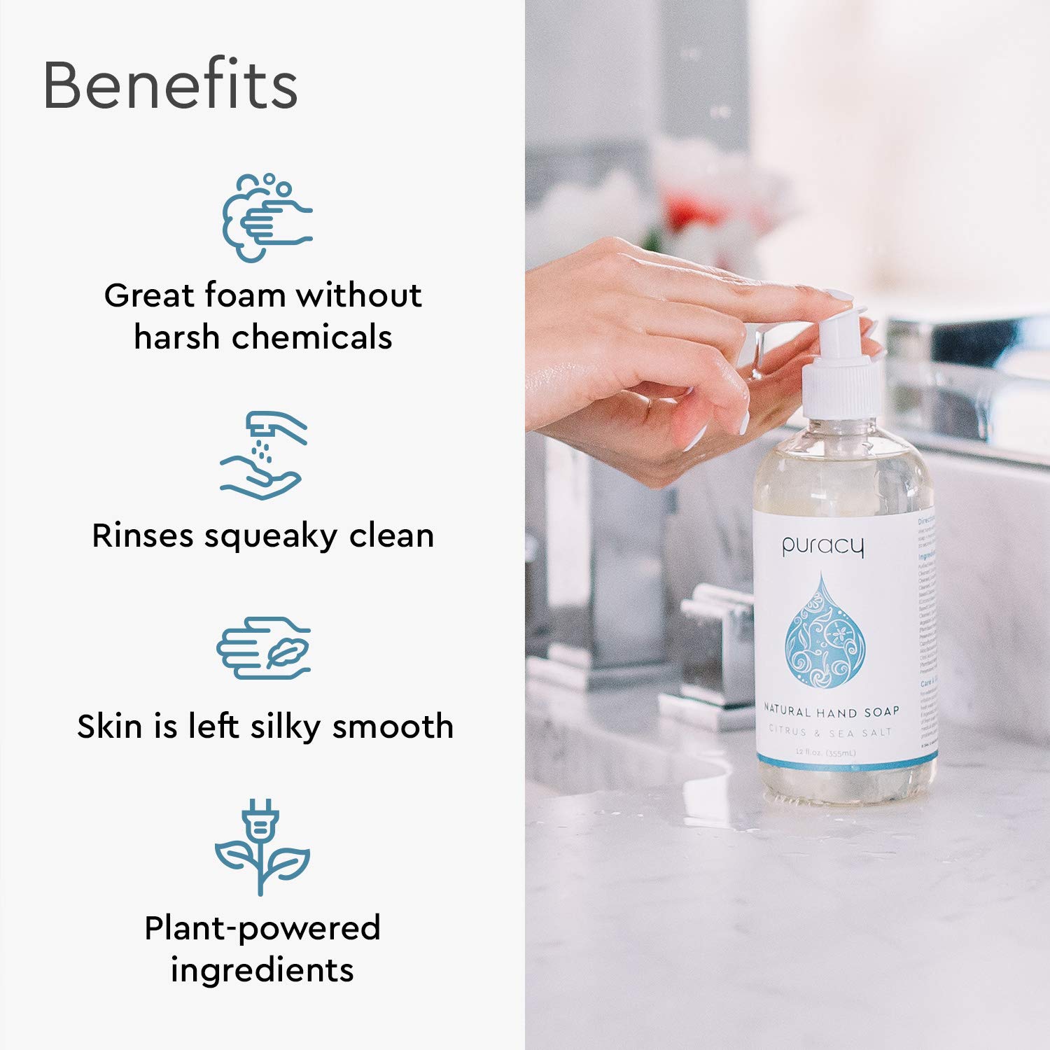 Puracy Natural Gel Hand Wash, Citrus & Sea Salt, Rich Foam, Easy Rinsing, Skin Softening, 12 Fl Oz (4-Pack) : Beauty