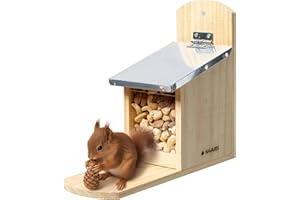 Navaris Squirrel Feeder for Outdoors - Pine Wood House with Metal Roof for Squirrels - Durable Feeding Station for The Garden