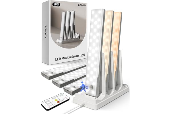EZVALO 6-Pack Under Cabinet Lighting with Charging Station, Rechargeable Motion Sensor Lights, 3 Color Temps, Dimmable 62 LED
