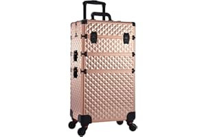 Adazzo 3 in 1 Professional Rolling Makeup Train Case Aluminum Trolley Case with 360° Rotation Wheels for Makuep Artist Cosmetic Suitcase Organizer with Lock and Key Diamond Pattern - Rose Gold