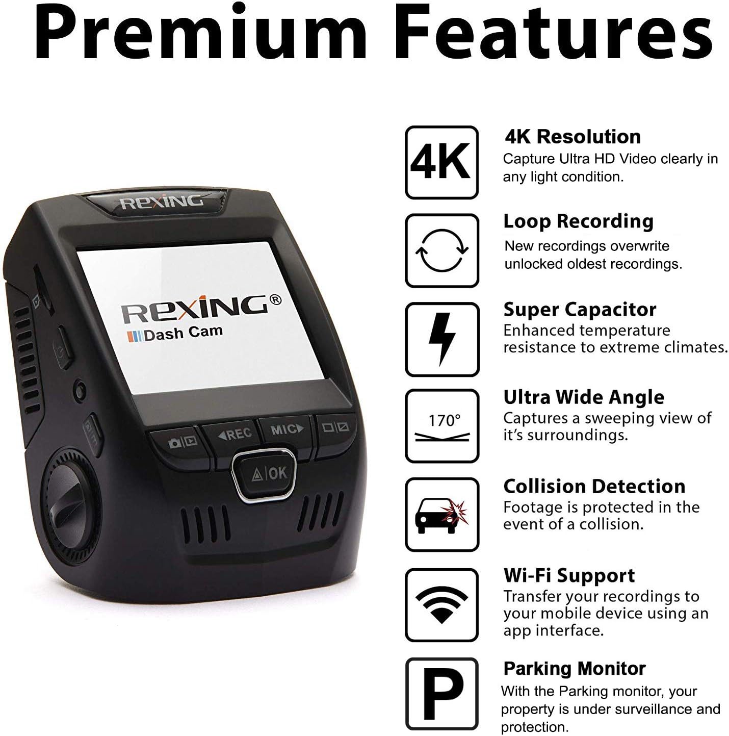 REXING V1-4K Ultra HD Car Dash Cam 2.4" LCD Screen, Wi-Fi, 170° Wide Angle Dashboard Camera Recorder with G-Sensor, WDR - Image 3
