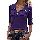 Bulotus 3/4 Length Sleeve Womens Tops Zipper Long Loose Tunics with Leggings Crew Neck Business Casual Dressy Blouses
