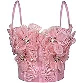 YCBENYANG Women's 3D Floral Corset Tops Sexy Mesh Rhinestone Spaghetti Strap Bustier Crop Top