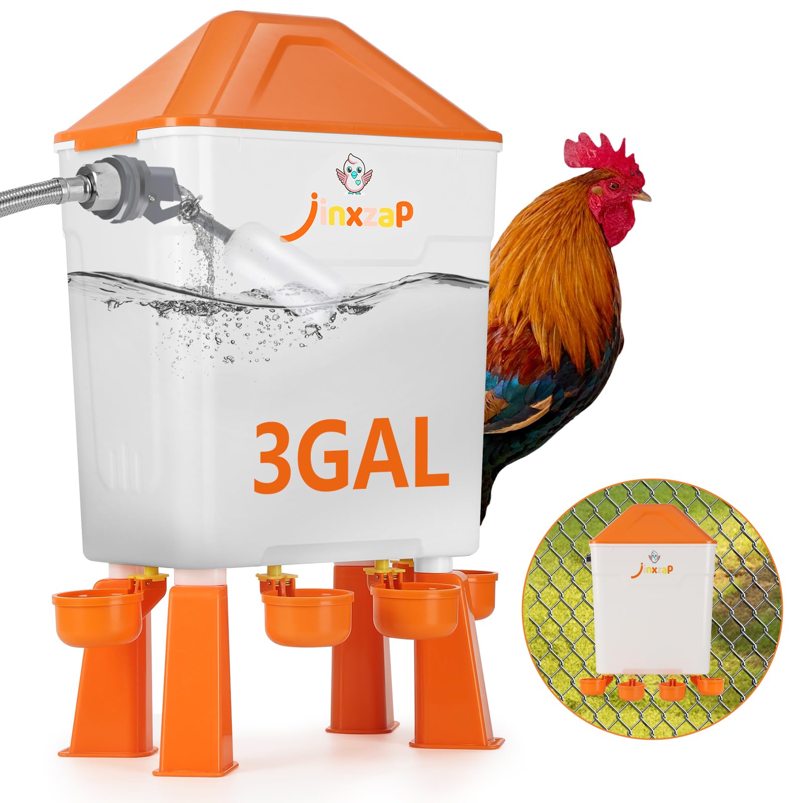 Photo 1 of JinxZap Float-Controlled Automatic Chicken Waterer, 3 Gallon Automatic Chicken Watering System with 60-Inch Hose (One End 3/4''), Large Chicken Waterer for Chick Duck Quail Turkey Bunny