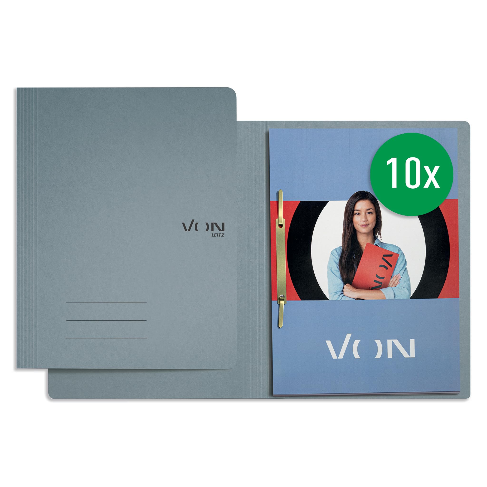 VON Leitz 30130085 Pack of 10 A4 File Folders, Cardboard, with Stapling Mechanism, for 250 Sheets, with Soft Cover, for School, Study and Home, Grey