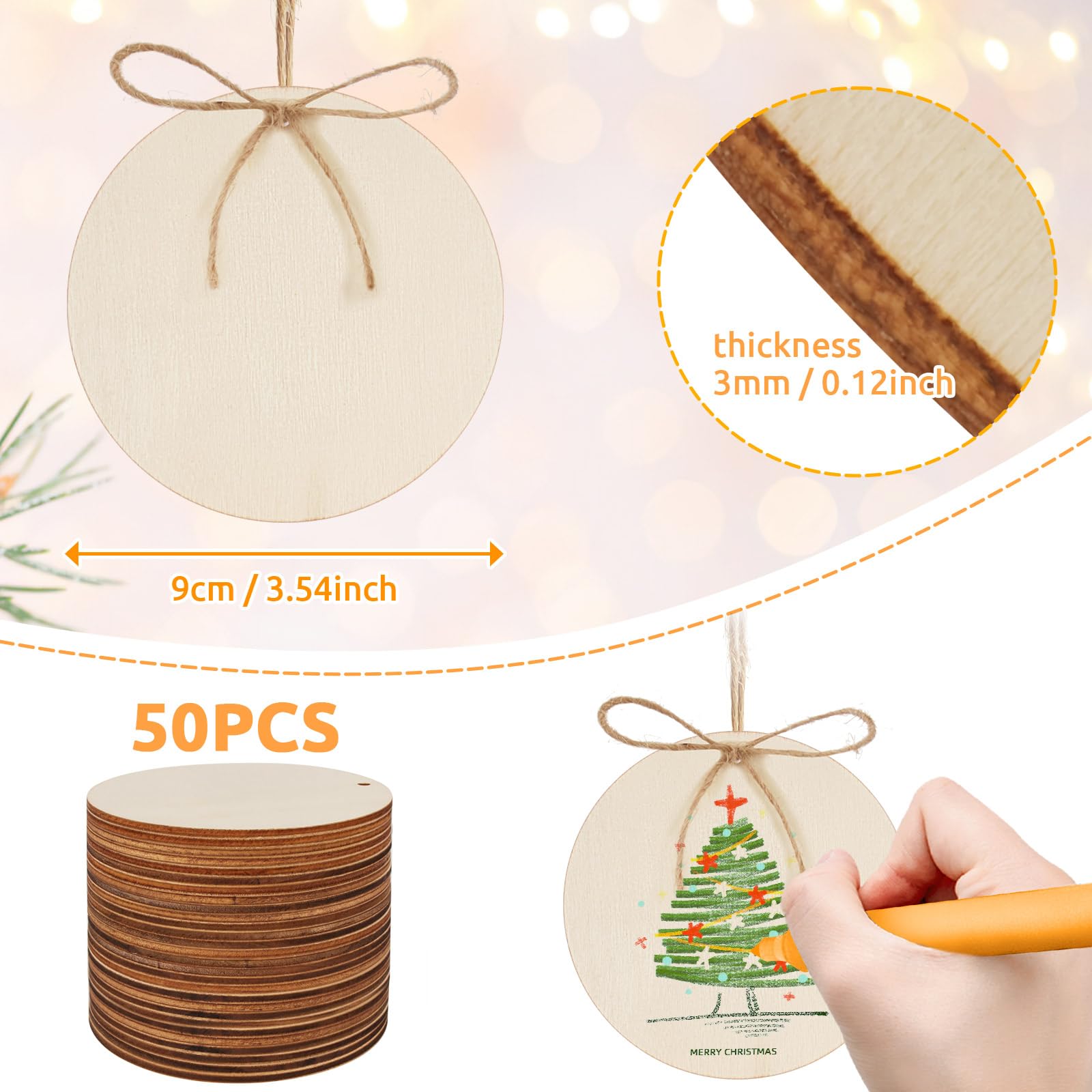 Philorn 50pcs Wooden Ornaments for Crafts 3.5