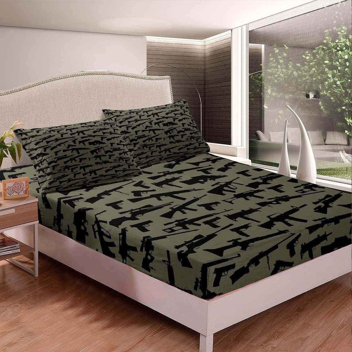 Erosebridal Machine Guns Fitted Sheet Boys Youth Teens Men,Military Theme Bedding Set,Army Rifle Pattern Bed Sheet Set,Soft Microfiber Bed Cover Bedroom Living Room Decor Full Size Army Green