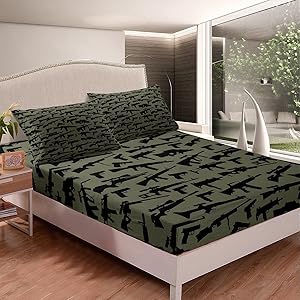 Erosebridal Machine Guns Fitted Sheet Boys Youth Teens Men,Military Theme Bedding Set,Army Rifle Pattern Bed Sheet Set,Soft Microfiber Bed Cover Bedroom Living Room Decor Full Size Army Green