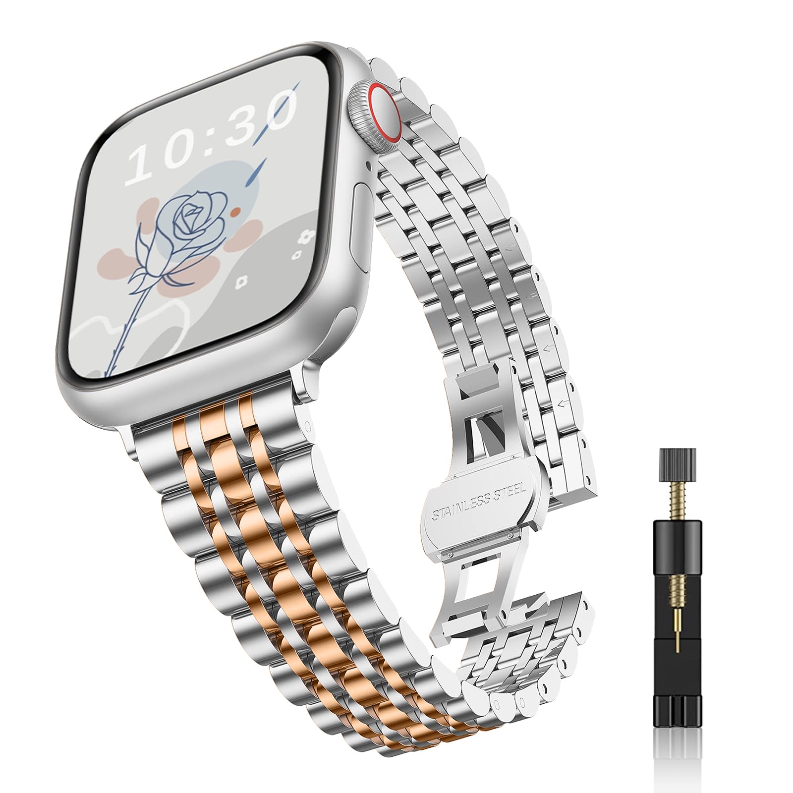 Niboow Metal Strap for Apple Watch 38mm 40mm 41mm 42mm Series 11/10/9/8/7/6/5/4/3/2/1, Woman's Watch Bands for Apple iWatch SE 3/SE 2 - Silver/RoseGold