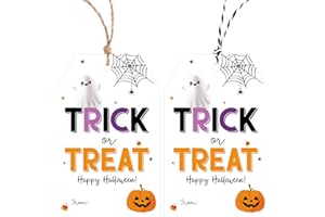 Alynta Halloween Tags with String - 50Pcs Happy Halloween Paper Gift Tags Trick or Treat Tag Pumpkin Ghost Name Tag Labels for Goodie Bags Gift Wrapping Halloween Decorations (White)