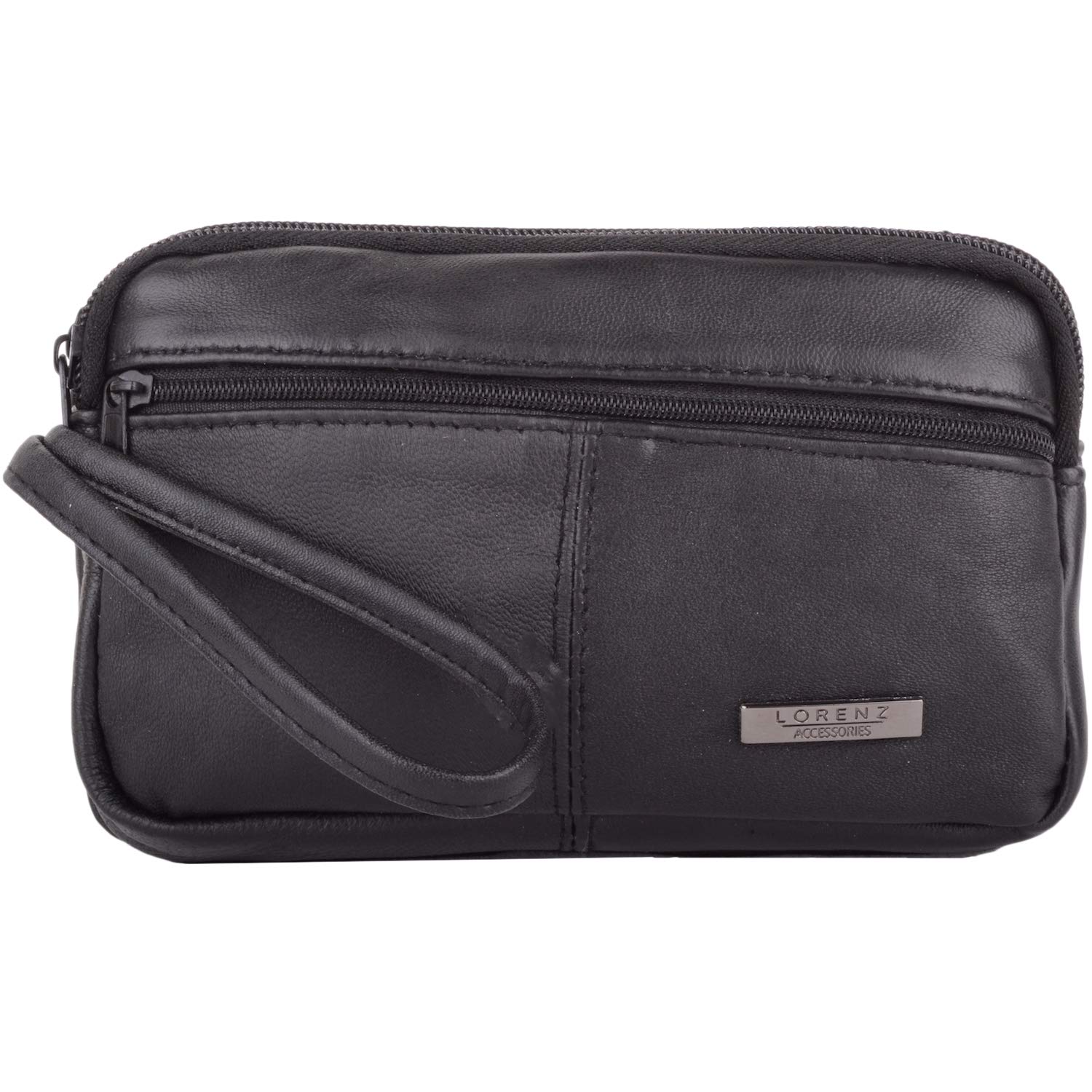 Unisex Soft Nappa Leather Hand Held Money Document Organiser Pouch with Wrist Strap Black