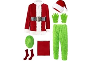 Blafly Christmas Costume for Men Santa Suit Adult 8PCS Deluxe Furry Green Giant Monster for Halloween Outfit Holiday Cosplay