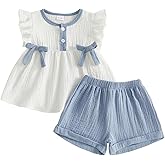 Amnnchya Toddler Girl Clothes Baby Summer Spring Outfits Cute Bow Button Smocked Ruffle Sleeve Tops + Girls Shorts Set