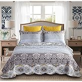 YAYIDAY Quilts Queen Size Patchwork Bedspread Set - 100% Cotton Reversible Breathable Grey Quilted Quilt with Pillow Shams Fit All Seasons