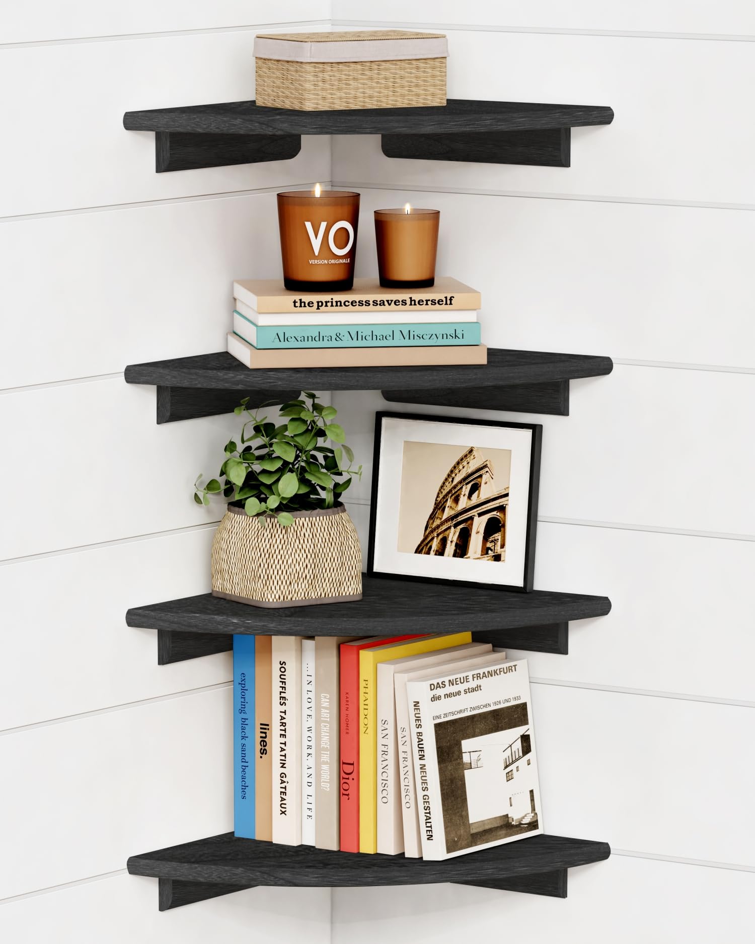 Forbena Black Floating Corner Bookshelf for Wall Set of 4, Large Corner Plant Shelves for Living Room, Rustic Rounded Hanging Bookshelves Wall Mounted for Bedroom Books, Kitchen, Closet, Office
