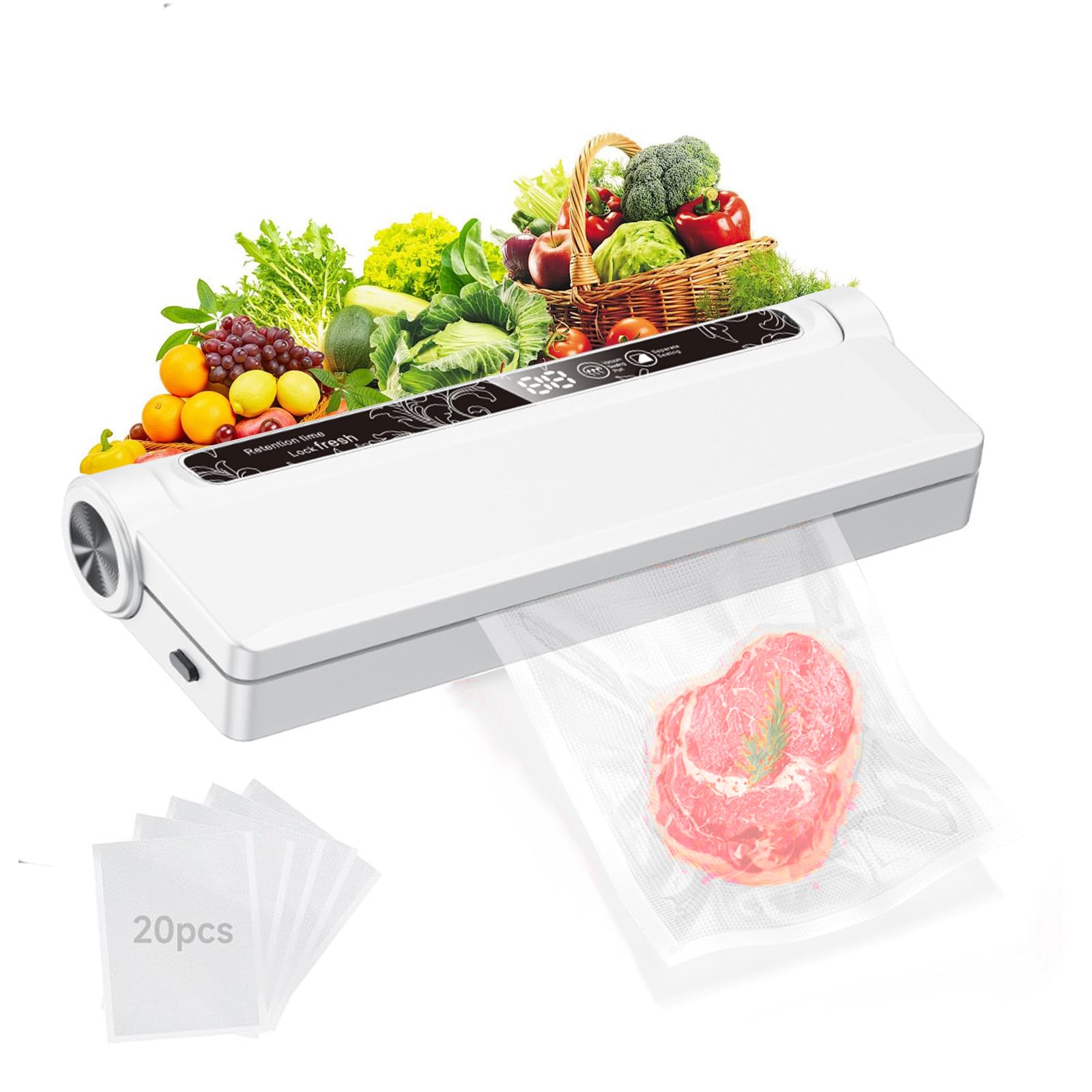 Photo 1 of Vacuum Sealer Machine for Food, 75KPA Strong Suction, Moist/Dry Modes, 20 Vacuum Seal Bags for Food, Digital Countdown Timer, Compact Lightweight,with Starter Kits(White)