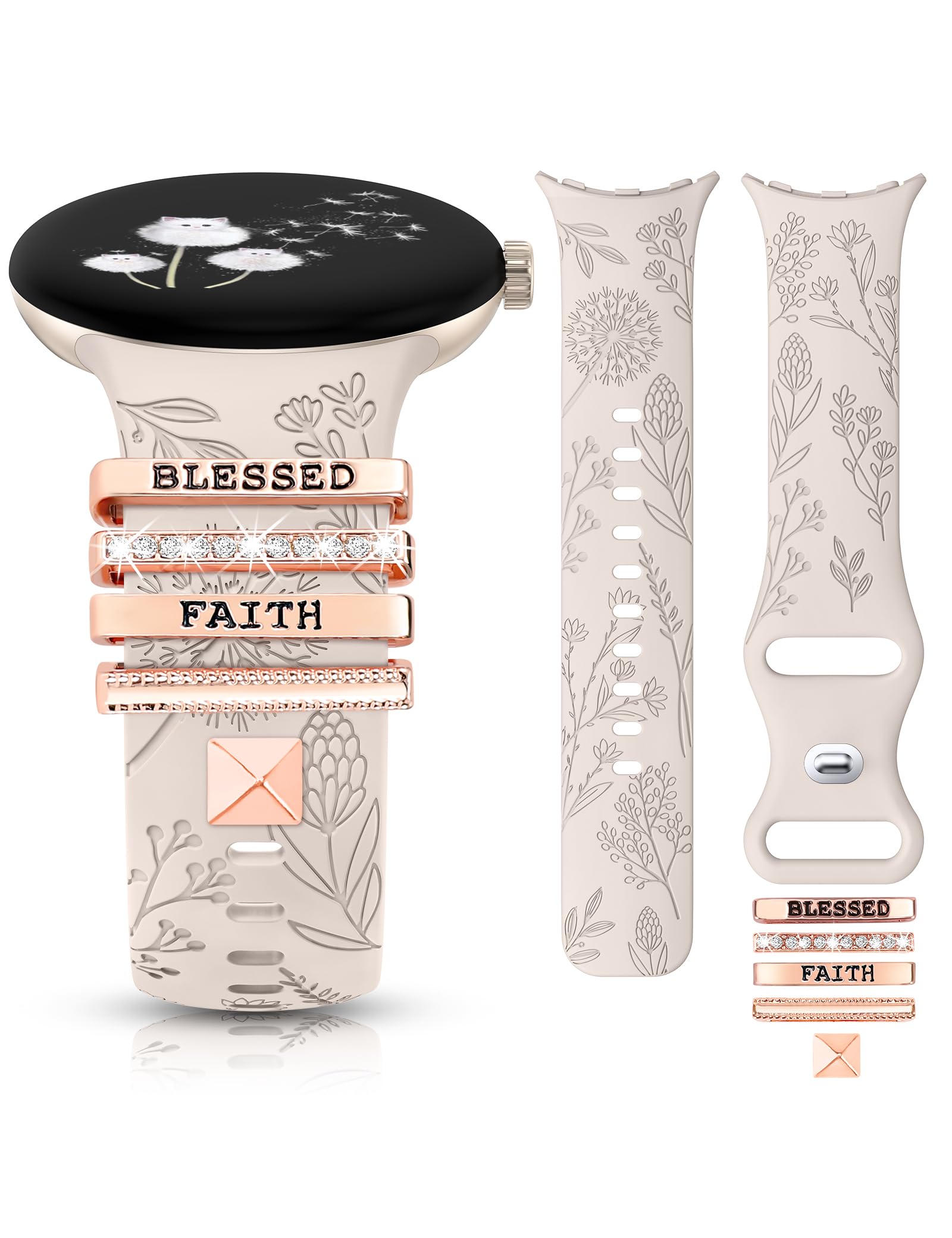 Minyee Floral Engraved Band Charms Compatible with Google Pixel Watch 4/3 41mm/ 2/1 Bands Women, Cute Soft Silicone Flower Straps with Decorative Ring Loop for Pixel Watch 2 (With Band), FAITH
