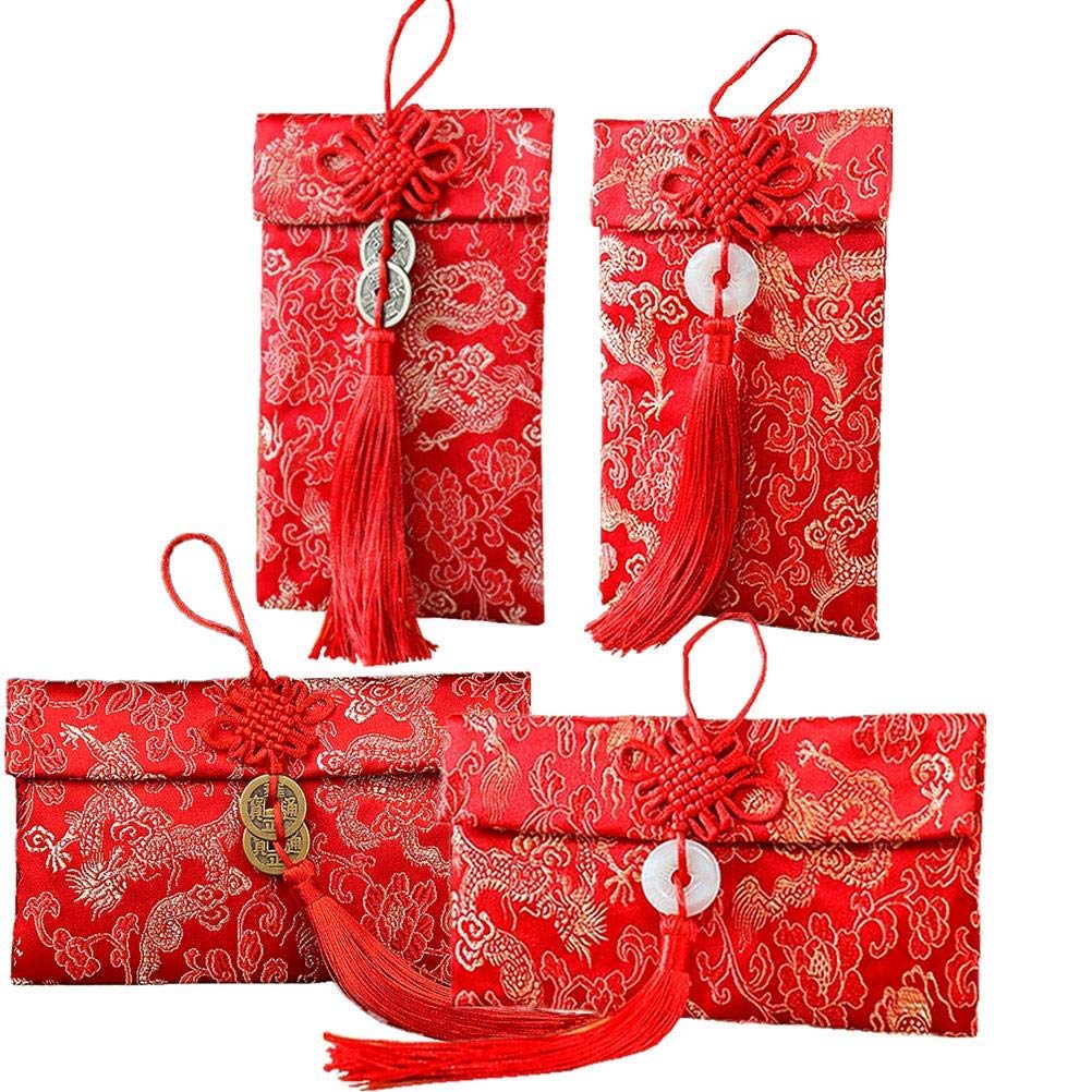 4 PCS Chinese Silk Red Envelopes, Chinese Lucky Dragon Element Red Envelopes for Wedding, New Year Red Money Pockets, Approx Can Hold 100 Sheets, 4 Styles