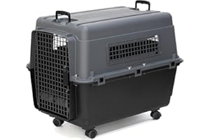 SPORTPET DESIGNS SportPet Airline Approved Wire Door Travel Dog Crate, Durable Plastic Pet Travel Kennel with Removable Wheels,Collapsible, Food Bowls & Accessories, Fits Dogs up to 29" L & 20" H - Large - Gray/Black