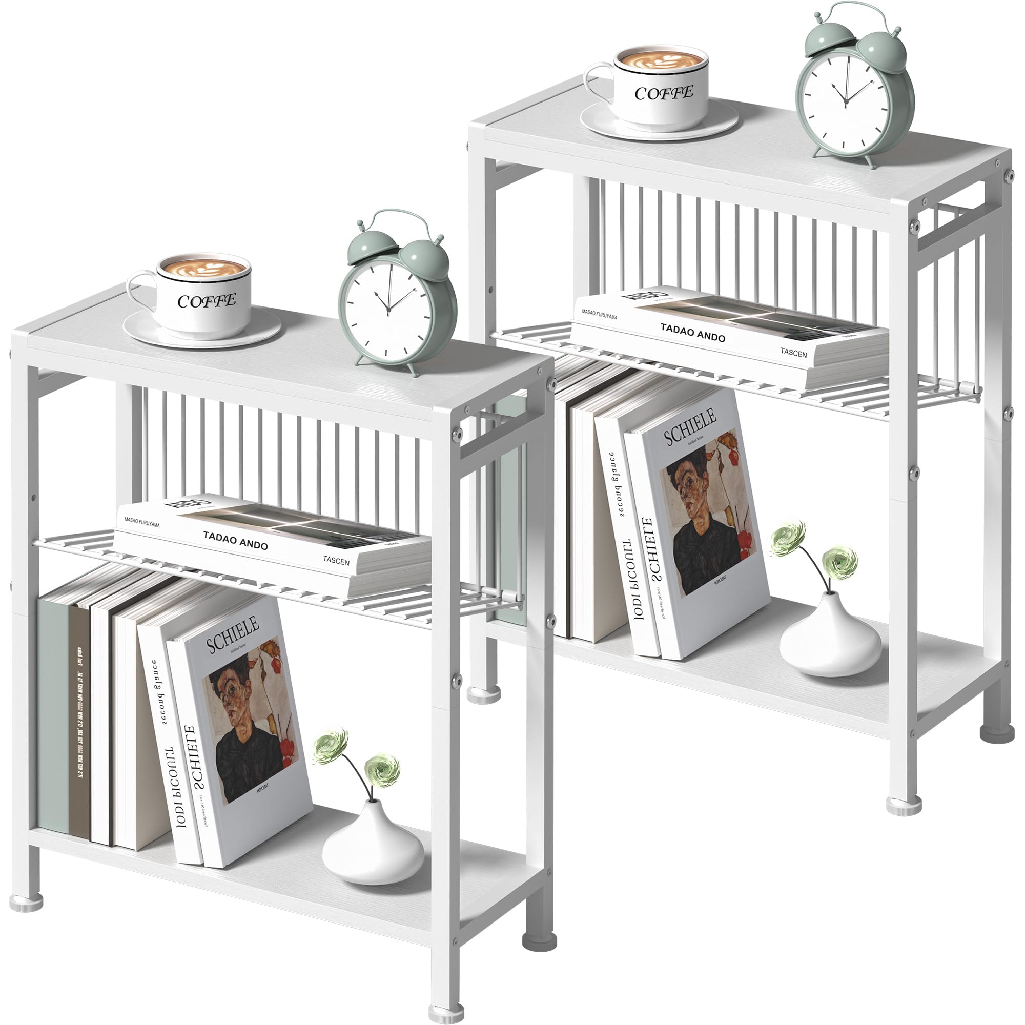 Homedawn End Table Set of 2 for Small Space, 3-Tier Narrow Side Table with Magazine Holder,Small Nightstand, Skinny Snack Couch Table in Living Room, Bedroom Study and Balcony (White) Image