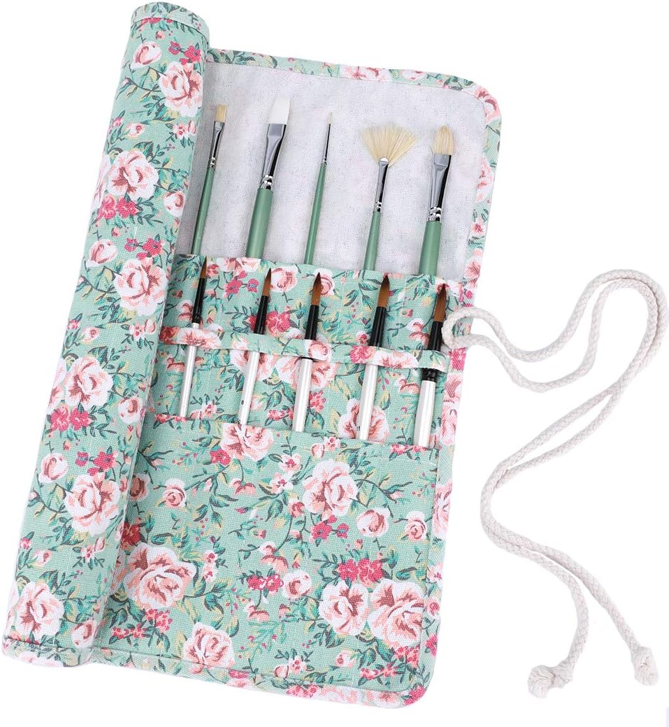 Amoyie Foldable Paint Brush Holder Large, Portable Artist Paintbrush Case, Roll up Brush Wrap for oil/watercolour/acrylic paint, Floral