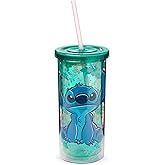Silver Buffalo Disney Lilo and Stitch Tropical Pattern Plastic Tall Cold Cup with Lid and Straw, 20 Ounces
