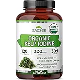Zazzee USDA Organic Kelp Iodine 30:1 Extract, 300 mcg per Capsule, Vegan | 120 Capsules, 4 Month Supply, Ocean-Harvested Norwegian Kelp, Standardized to 1% Iodine for Exact Dosage, Thyroid Support