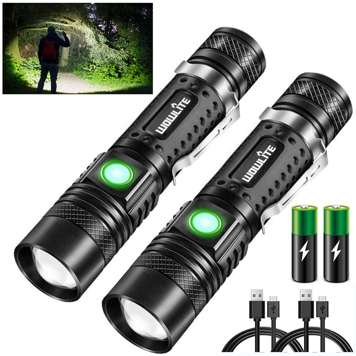 wowlite LED Torch, Powerful Torches Led Super Bright, Torches Battery Powered, USB Rechargeable Flashlight, 4 Light Modes, Zoomable, Small Flash Light for Camping Emergency Outdoors (Black-2)