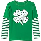 Unisex Kid's St Patrick's Day Shamrock Top Striped Patchwork Irish Clover Long Sleeve Shirt 4-14 Years