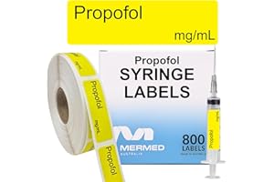 MERMED Propofol Anesthetic Syringe Labels - Box of 800 Labels on Roll (1" core). 12mm x 40mm (Approx 0.5" x 1.5"). Latex-Free Permanent Adhesive. Write On Dose. Printed by Specialist Medical Printer
