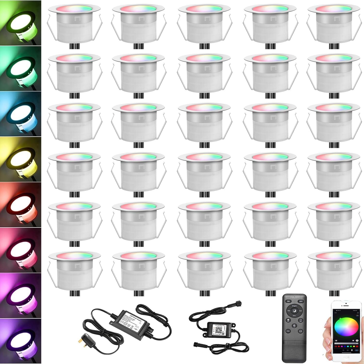 GEYUEYA Home LED Decking Lights, Ø31MM RGBW(Warm White+RGB) WiFi Phone Control Low Voltage Recessed Deck Lamp In-ground Lighting for Terrace Patio Path Wall Garden Decoration - 30 Packs
