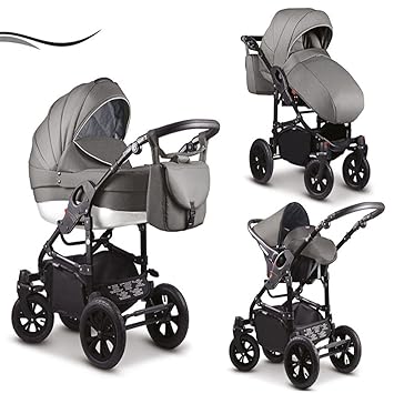 16 teiliges Qualitäts-Kinderwagenset-Reisesystem 3 in 1'COSMO' in 41 Farben: Kinderwagen + Buggy + Autokindersitz + Schwenkrä