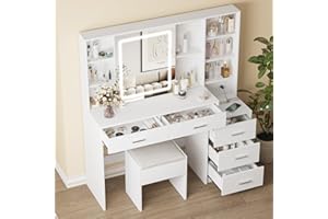 Fameill Vanity Desk with Mirror and Lights, Makeup Vanity with 5 Drawers, Makeup Desk with Charging Station and Ample Storage, Dressing Table with Chair for Bedroom Room (White)