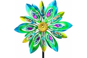 VEWOSTAR 53 Inch Wind Spinner - Outdoor Metal Peacock Wind Sculptures for Garden, Patio, Yard, Lawn Decorations Double Windmill Spinner