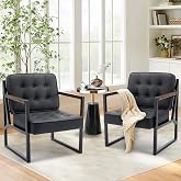 COLAMY Mid Century Modern Accent Chair Set of 2, Leather Armchair, Black | Comfy Upholstered Living Room Chair With Supportive Backrest and Sturdy Metal Legs for Bedroom Living Room Reception Room