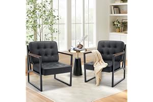 COLAMY Mid Century Modern Accent Chair Set of 2, Comfy Living Room Chair, Black Leather Accent Chair, Faux Leather Reception Armchair with Metal Legs for Living Room Bedroom Reception Office, Black