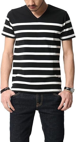 ボーダーtシャツ メンズ Vネック 半袖 カットソー マリンボーダー Amazon