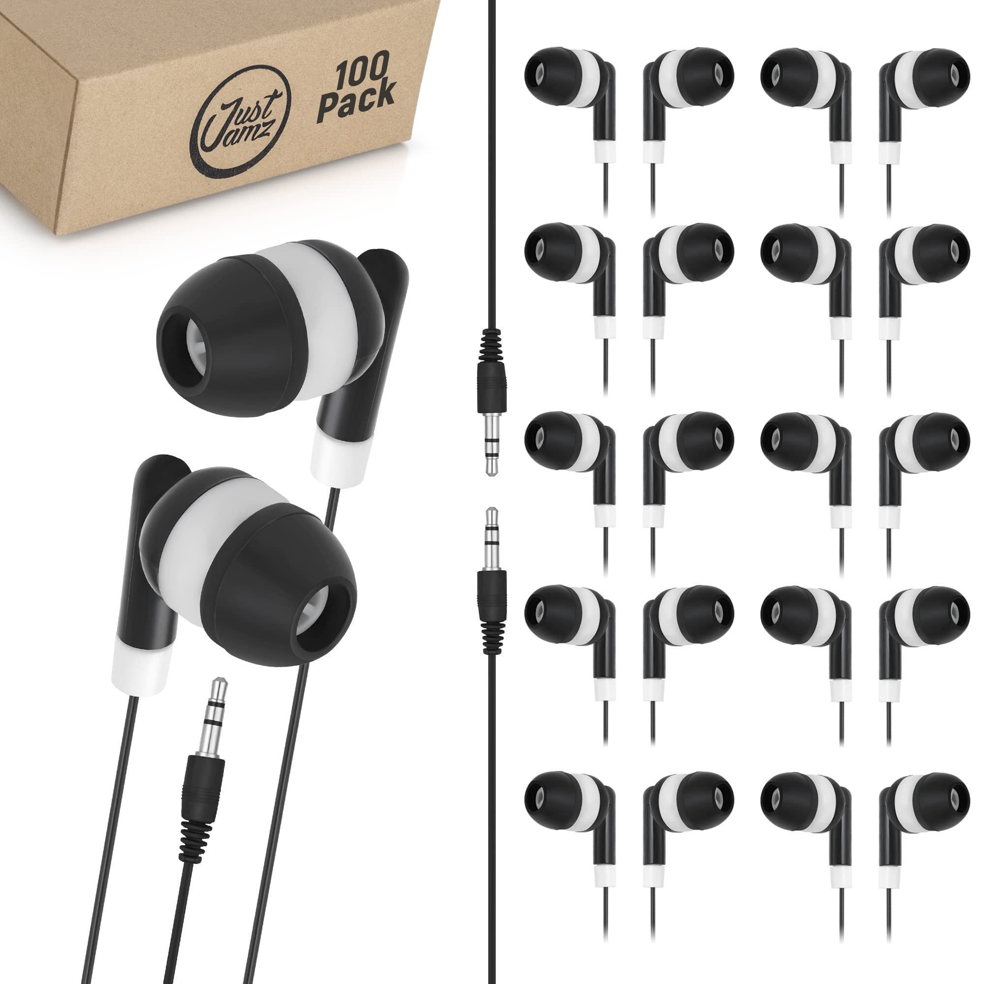 JustJamz Bulk Earbuds 100x Pack | Basic Earbuds, Dot Headphones, Black in-Ear Earbuds, Disposable Headphones, 3.5 MM Audio Jack Stereo Earphones for Schools, Kids, Classrooms & Libraries