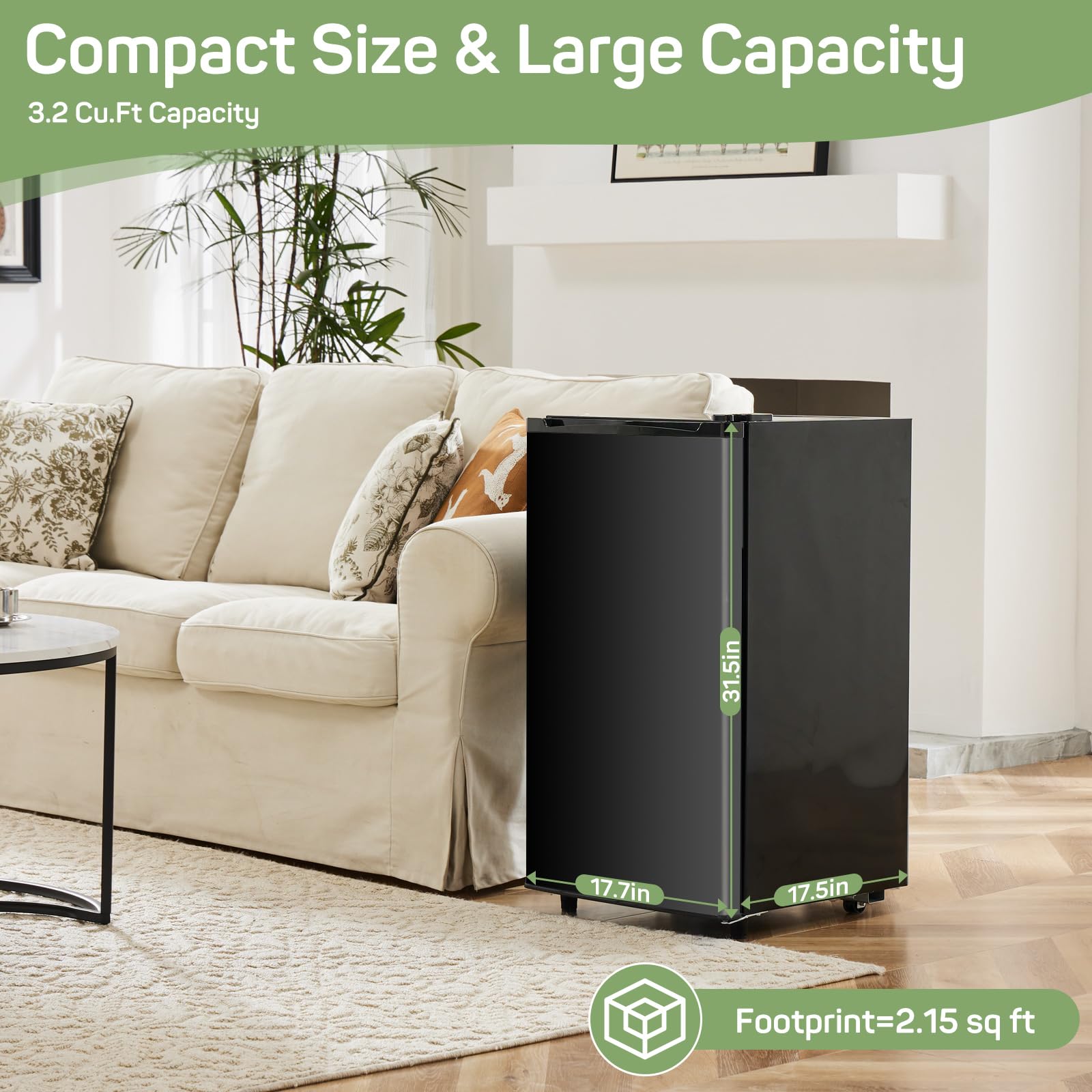 Upgraded Mini Fridge for Bedroom 3.2 Cu.Ft Small Refrigerator with Freezer for Dorm Office, Compact Single Door Adjustable Thermostat Low Noise, 17.5