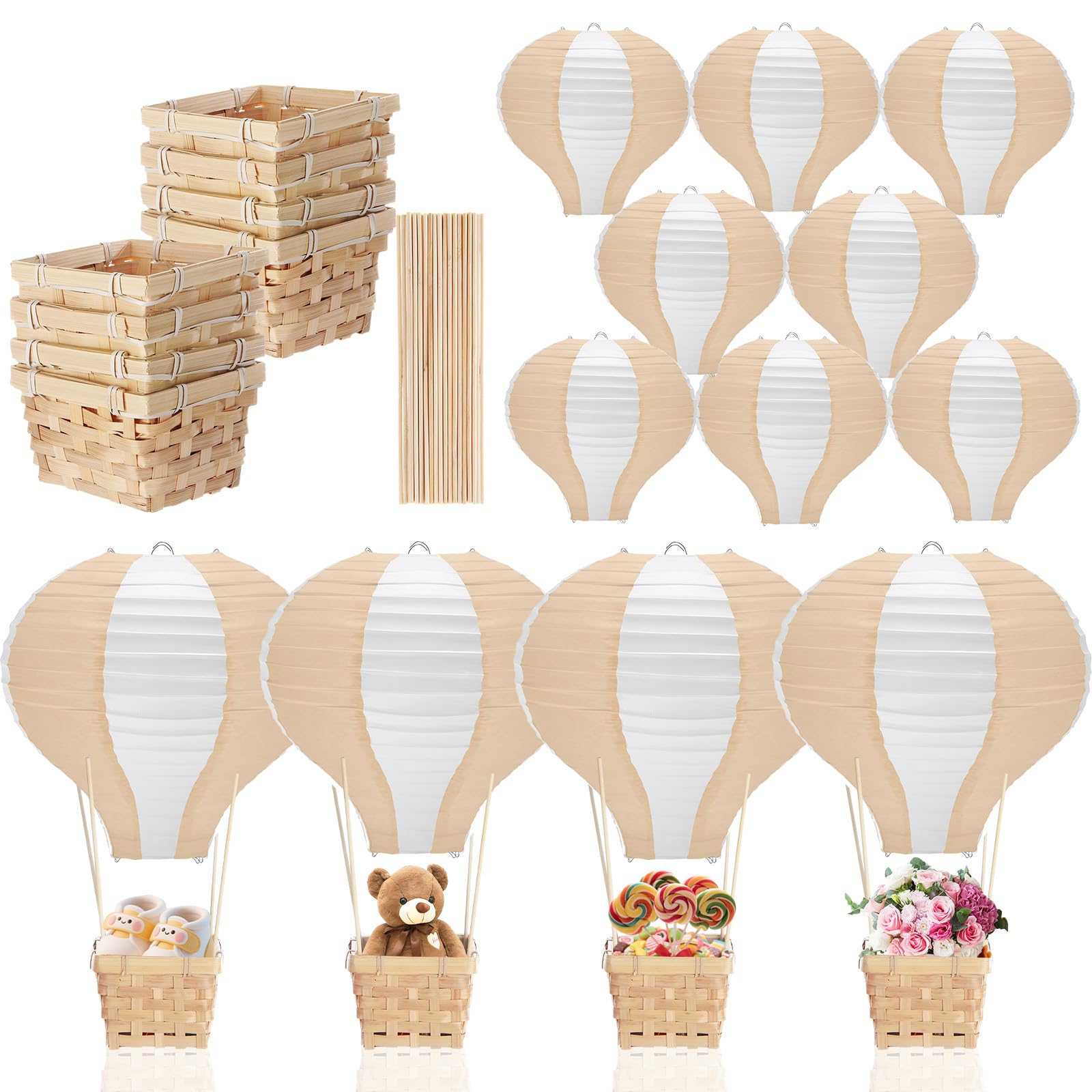 Photo 1 of Meooeck 8 Sets Hot Air Balloon Table Centerpieces 11.8'' Paper Lanterns Woven Baskets with Sticks for DIY Gender Reveal Birthday Baby Shower Wedding Decor(Light Brown)