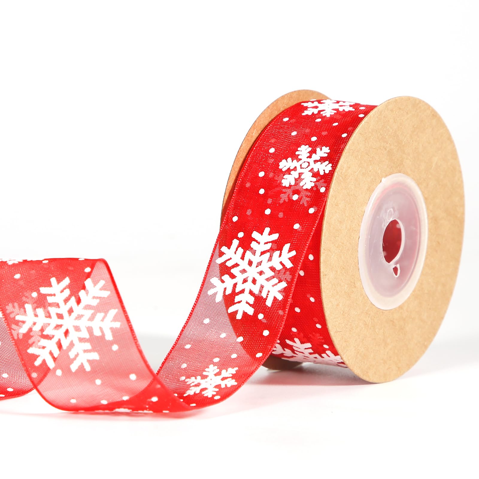 Christmas Ribbon, 1 Inch x 11yards Red Snowflake Organza Ribbon Wired White Large Big Christmas Ribbon Bows for Crafts Making Gift Wrapping Wreaths Winter Holiday Xmas Decor