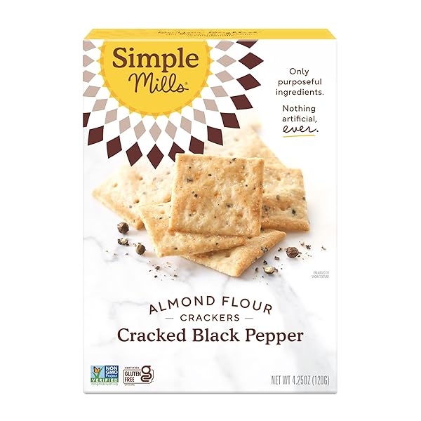 SIMPLE MILLS ALMOND FLOUR CRACKERS, BLACK CRACKED PEPPER, GLUTEN FREE, FLAX SEED, SUNFLOWER SEEDS, CORN FREE, GOOD FOR SNACKS, MADE WITH WHOLE FOODS, (PACKAGING MAY VARY)