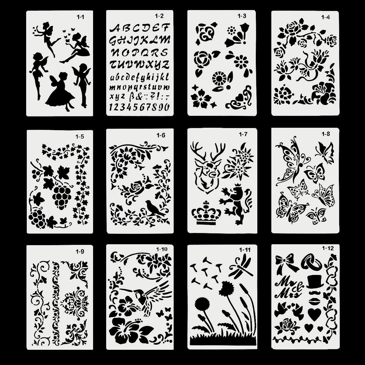 Drawing Stencils, 12 Pack DIY Drawing Painting Templates Plastic Shapes Scrapbook Stencils for Graffiti,Diary,Wood Painting,Card Making,Scrapbooking