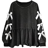 SOLY HUX Women's Plus Size Babydoll Tops Bowknot Long Sleeve Peplum Ruffle Hem T Shirt Cute Fall Pullover Top