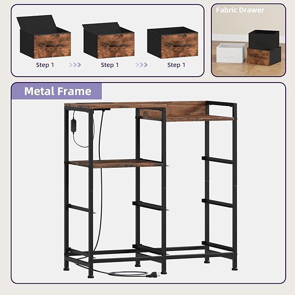 SOMDOT NIGHTSTAND WITH CHARGING STATION AND LED LIGHT, WIDE 5 DRAWERS DRESSER FOR BEDROOM WITH FABRIC BINS AND OPEN SHELF FOR BEDROOM KIDS CLOSET DORM GUEST ROOM, WOOD GRAIN PRINT