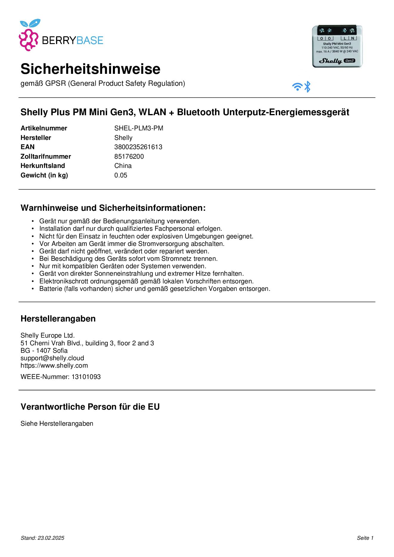 Shelly Plus PM Mini Gen 3 Kabelloser WLAN-Schalter, Bluetooth 6