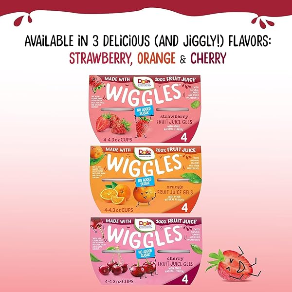 DOLE WIGGLES NO SUGAR ADDED STRAWBERRY FRUIT JUICE GELS SNACKS, 4.3OZ 4 TOTAL CUPS, GLUTEN & DAIRY FREE, BULK LUNCH SNACKS FOR KIDS & ADULTS