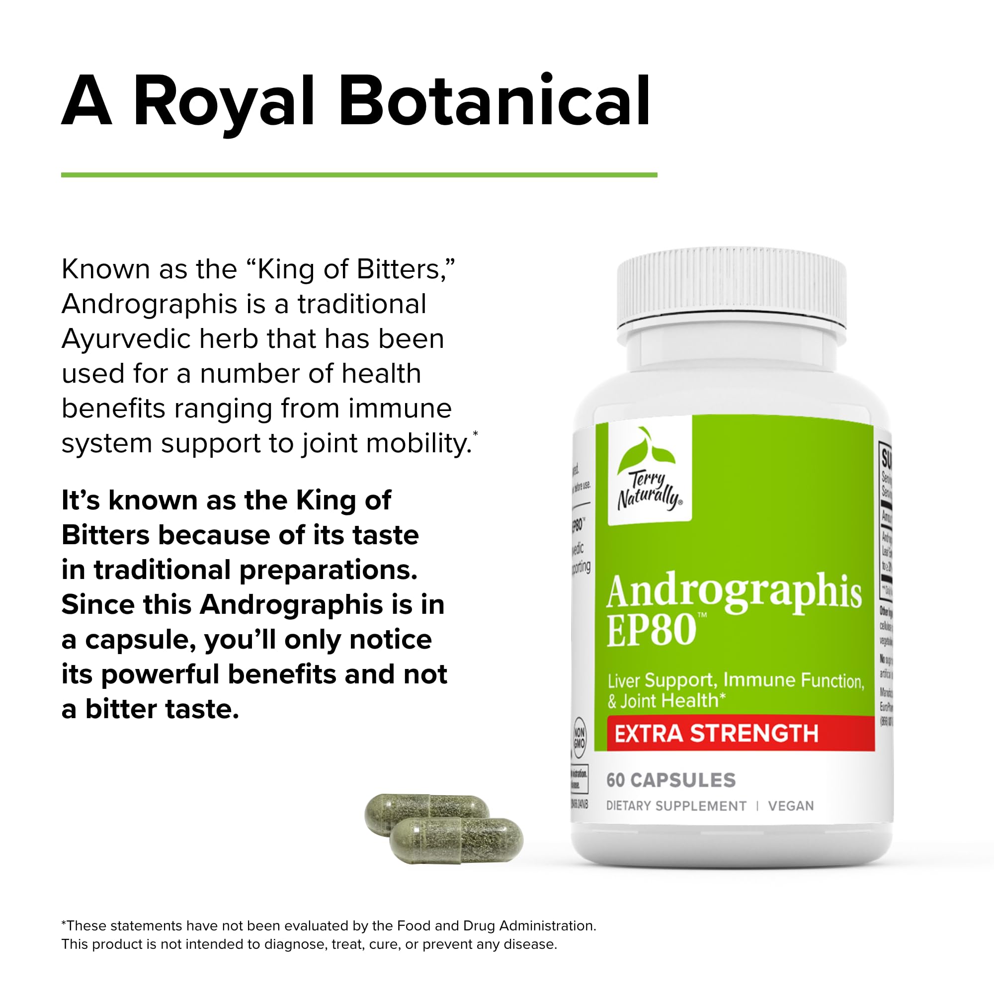 Terry Naturally Andrographis EP80 Extra Strength - Brain Health & Immune Support - Joint Health Supplement to Aid Mobility - Vegan Adaptogen Supplement for Energy & Liver Support - 60 Capsules