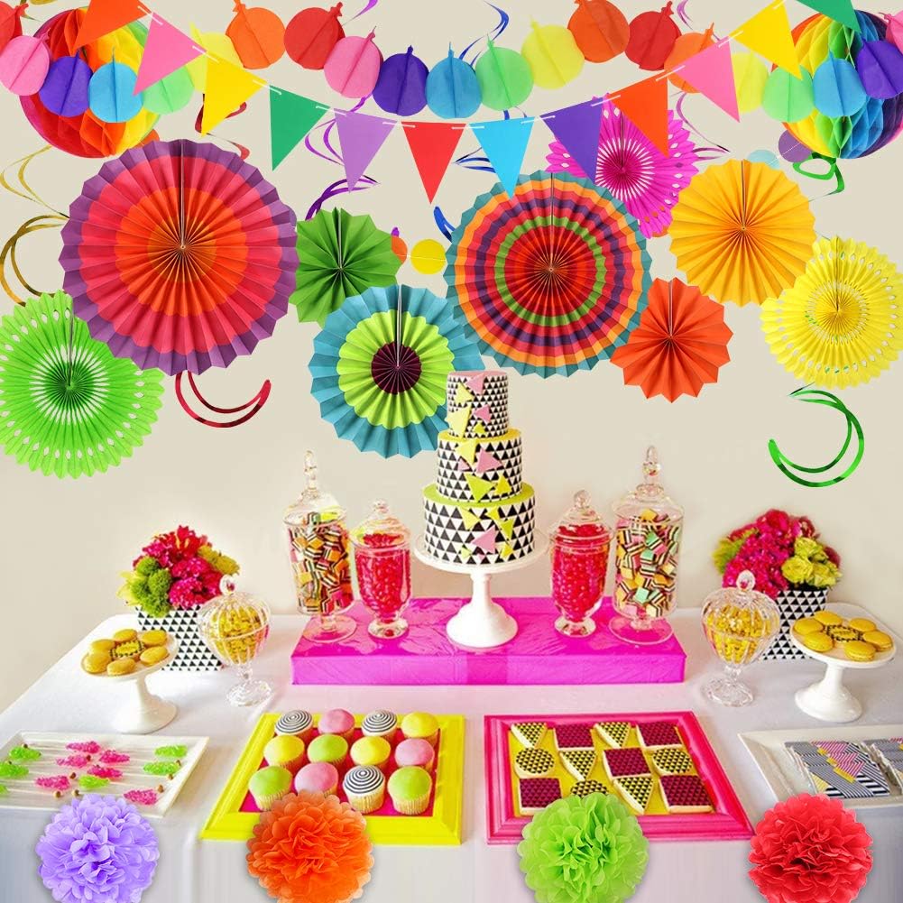 Mexican Party Decorations, Fiesta Party Supplies Hanging Paper Fans Pom Poms Flowers Swirls Garlands String Polka Dot and Triangle Bunting Flags for Birthday Parties Rainbow Party: Health & Personal Care