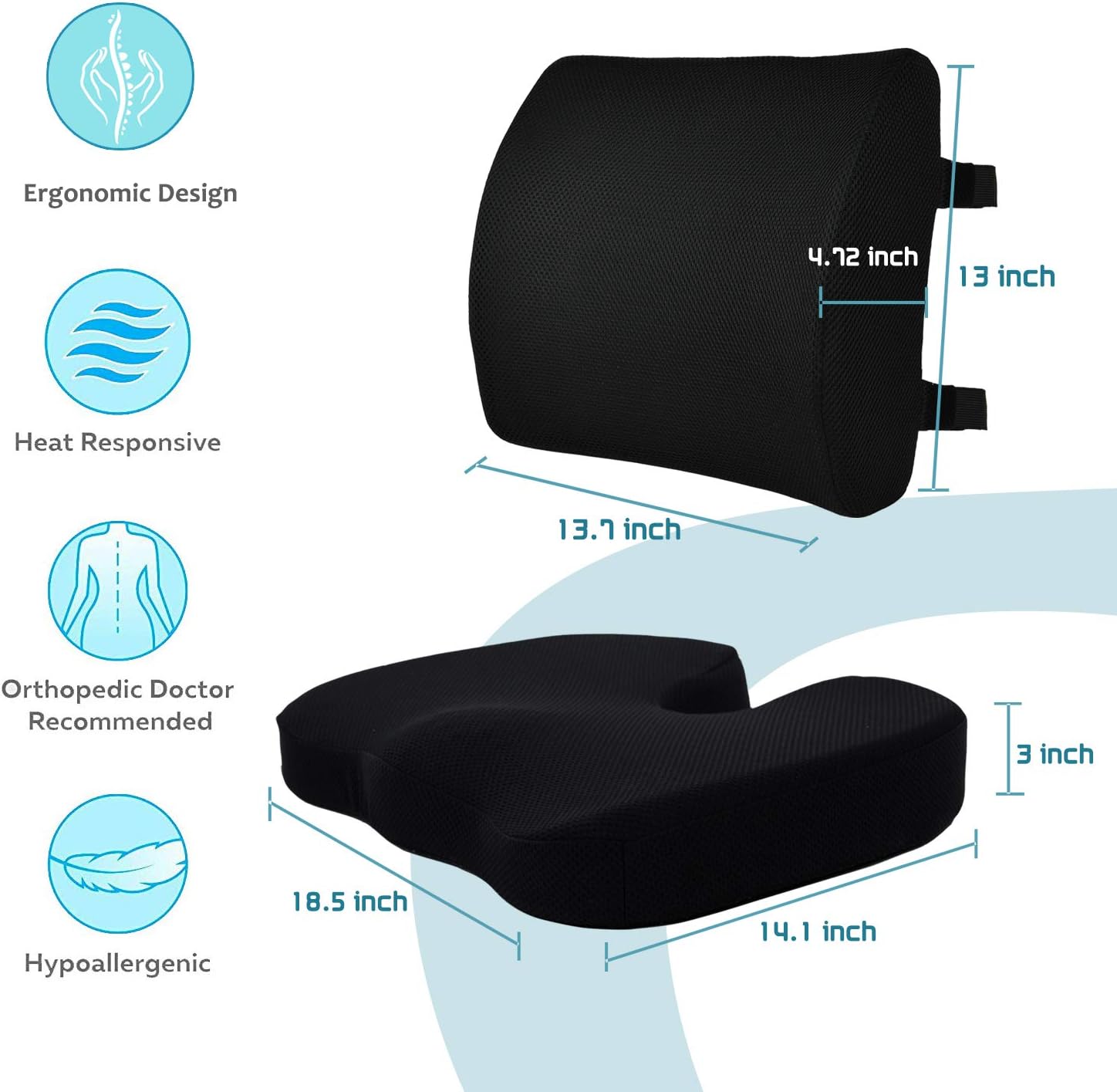 Coccyx Seat Cushion & Lumbar Support Pillow for Office Chair, Car, Wheelchair Memory Foam Chair Cushion for Sciatica, Lower Back & Tailbone Pain Relief Desk Pad with Adjustable Strap 3D Washable Cover : Office Products